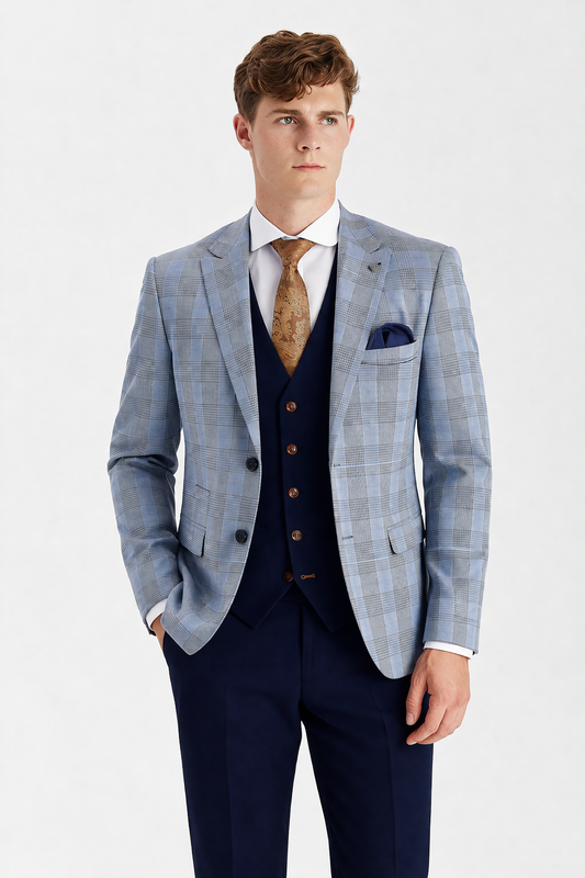 Mark Sky Jacket with Navy Waistcoat & Trousers for hire