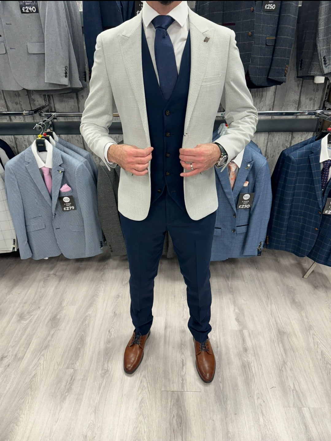 Mark Stone Jacket with Navy Waistcoat and Trousers