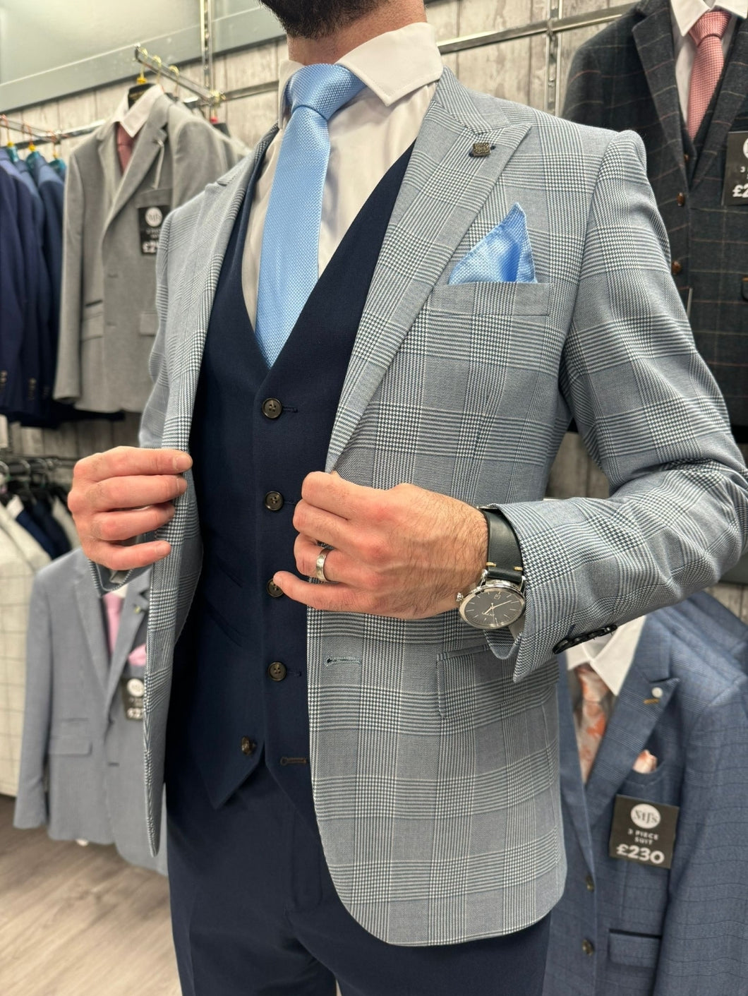 Mark Sky Suit Jacket  With Navy Trousers & Waistcoat
