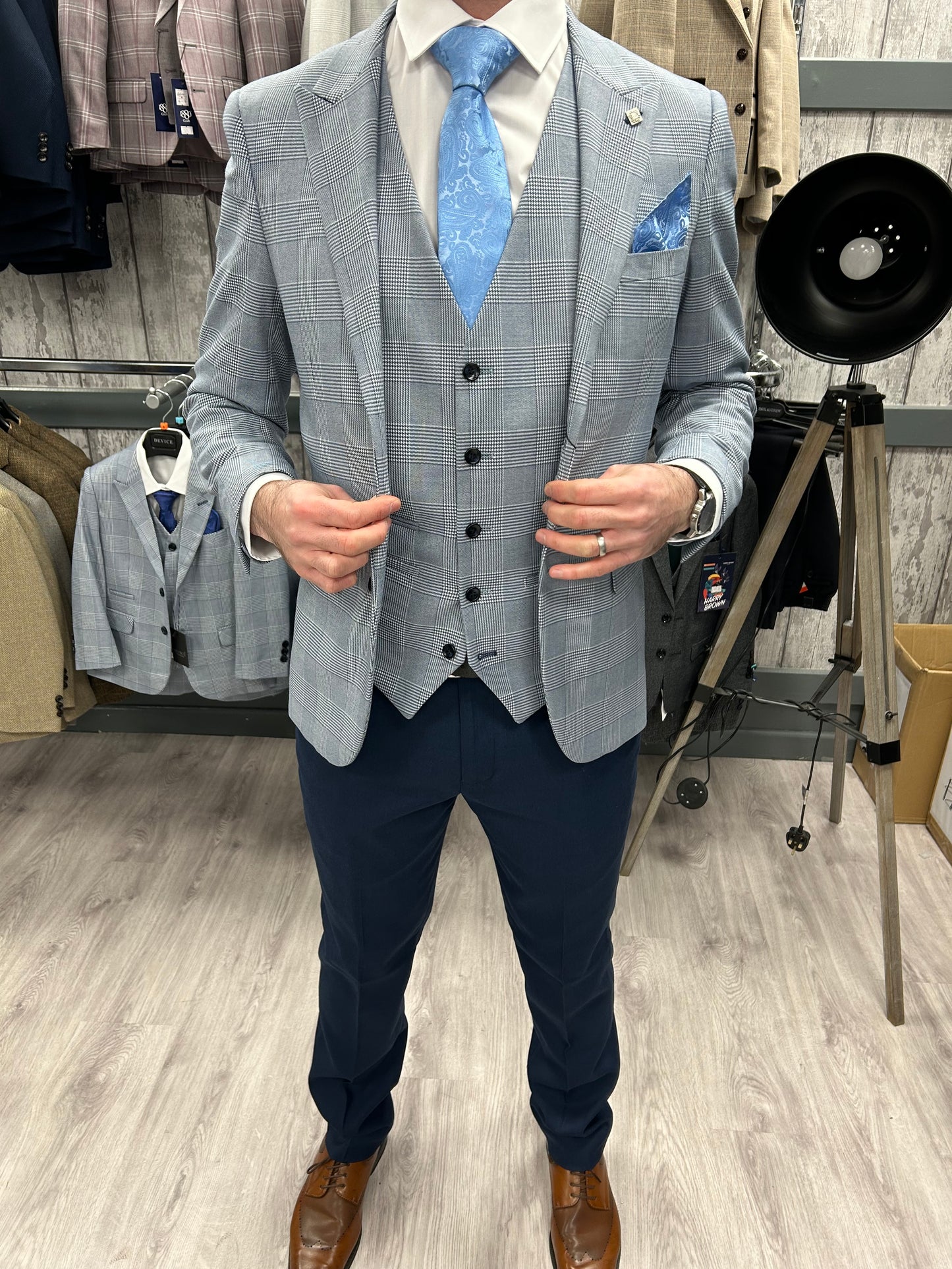 Mark Sky Blue Jacket & Waistcoat - Navy Trousers