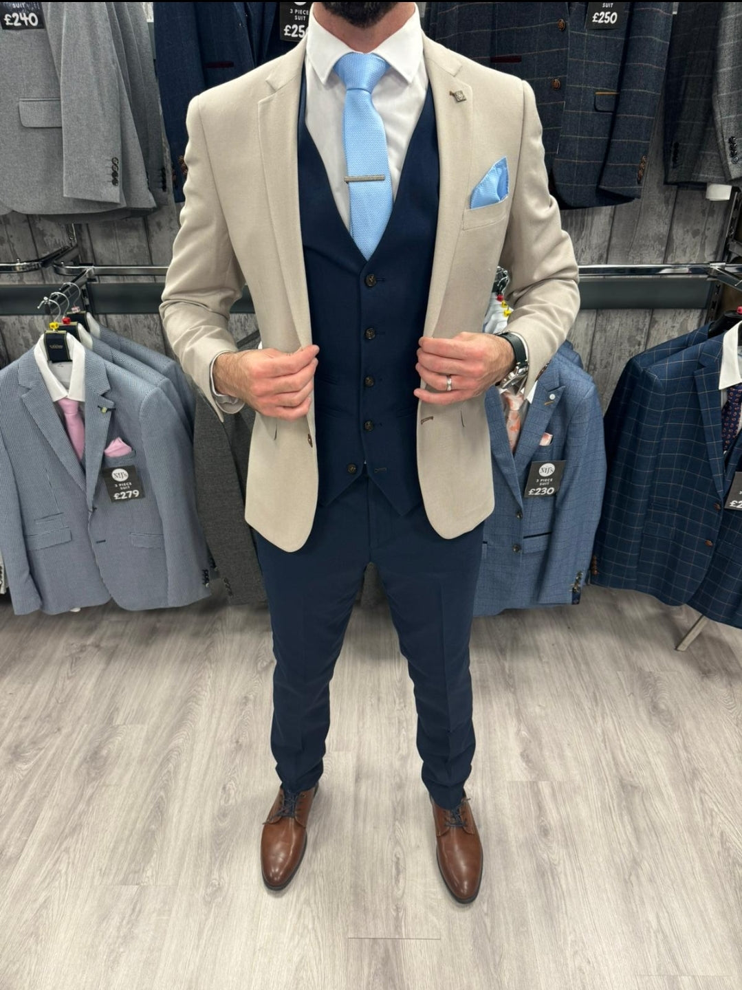 Mayfair Stone Jacket with Navy waistcoat & trousers