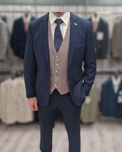 Load image into Gallery viewer, Mayfair Navy 2 Piece with Maimi Lilac waistcoat suit for hire
