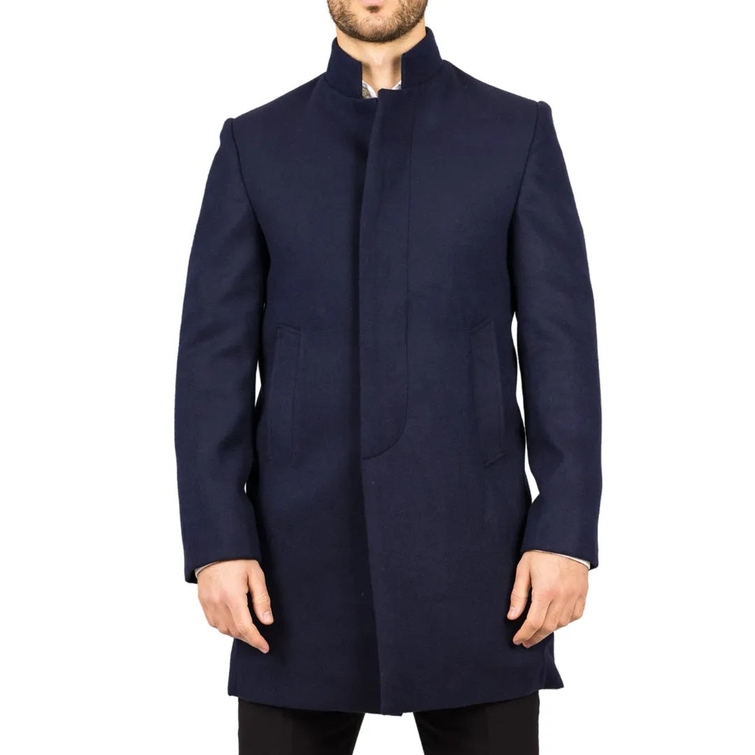 Navy Funnel Neck Wool Blend Ovecoat
