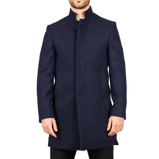 Navy Funnel Neck Wool Blend Ovecoat
