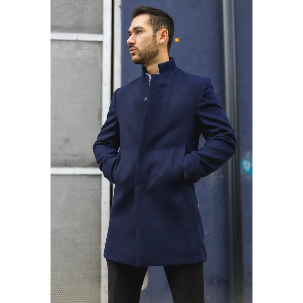 Navy Funnel Neck Wool Blend Ovecoat