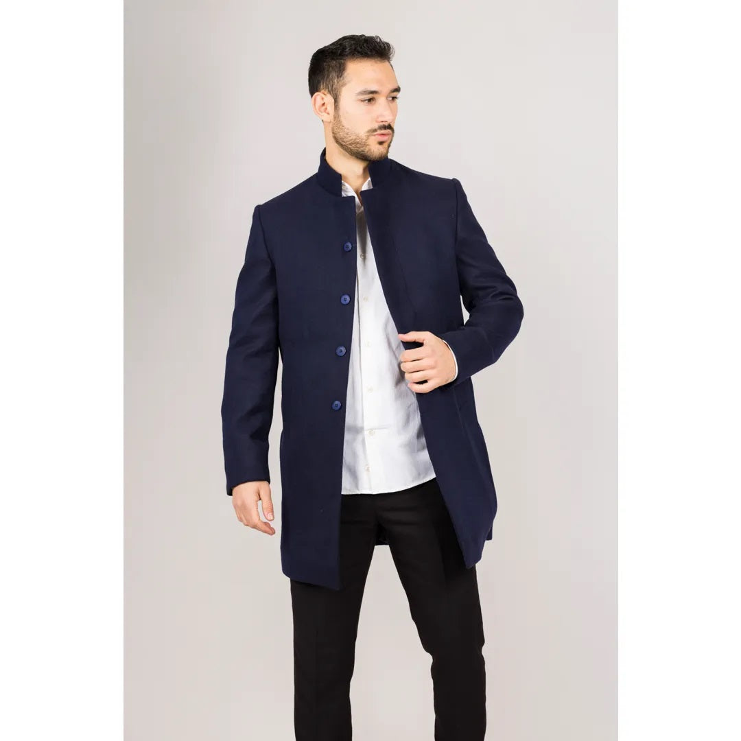 Navy Funnel Neck Wool Blend Ovecoat