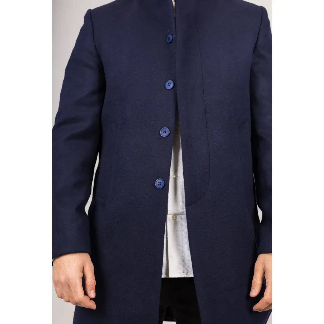 Navy Funnel Neck Wool Blend Ovecoat