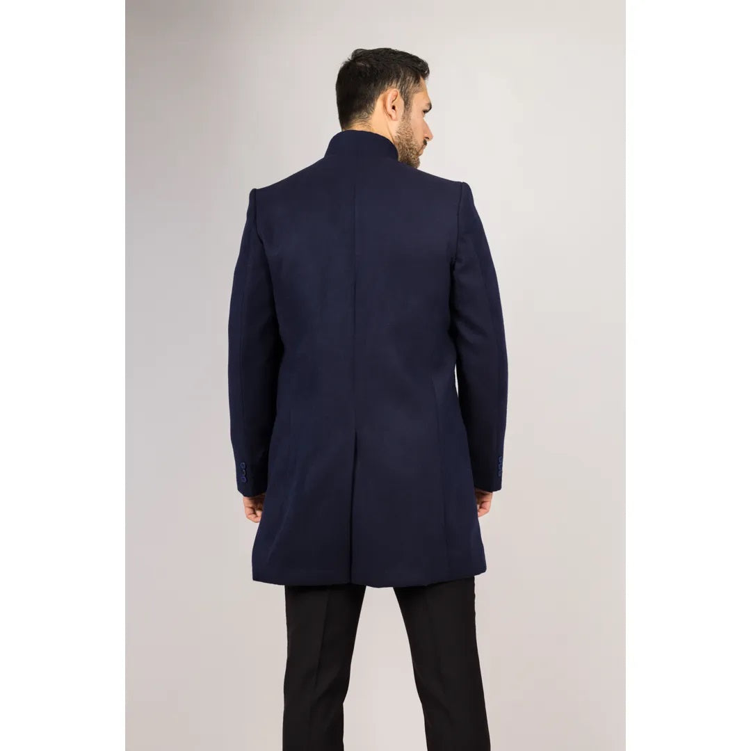 Navy Funnel Neck Wool Blend Ovecoat
