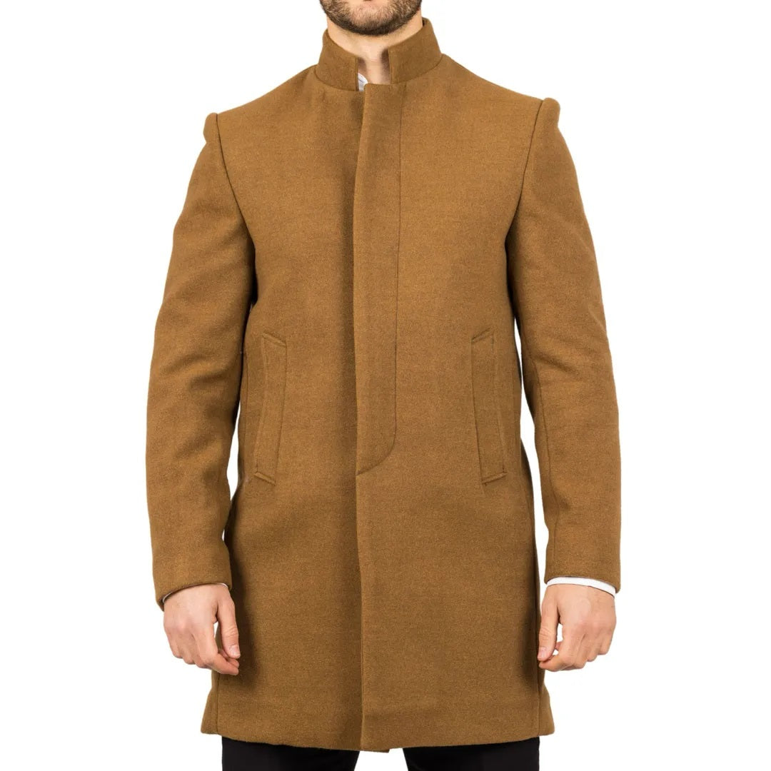 Tan Funnel Neck Wool Blend Overcoat