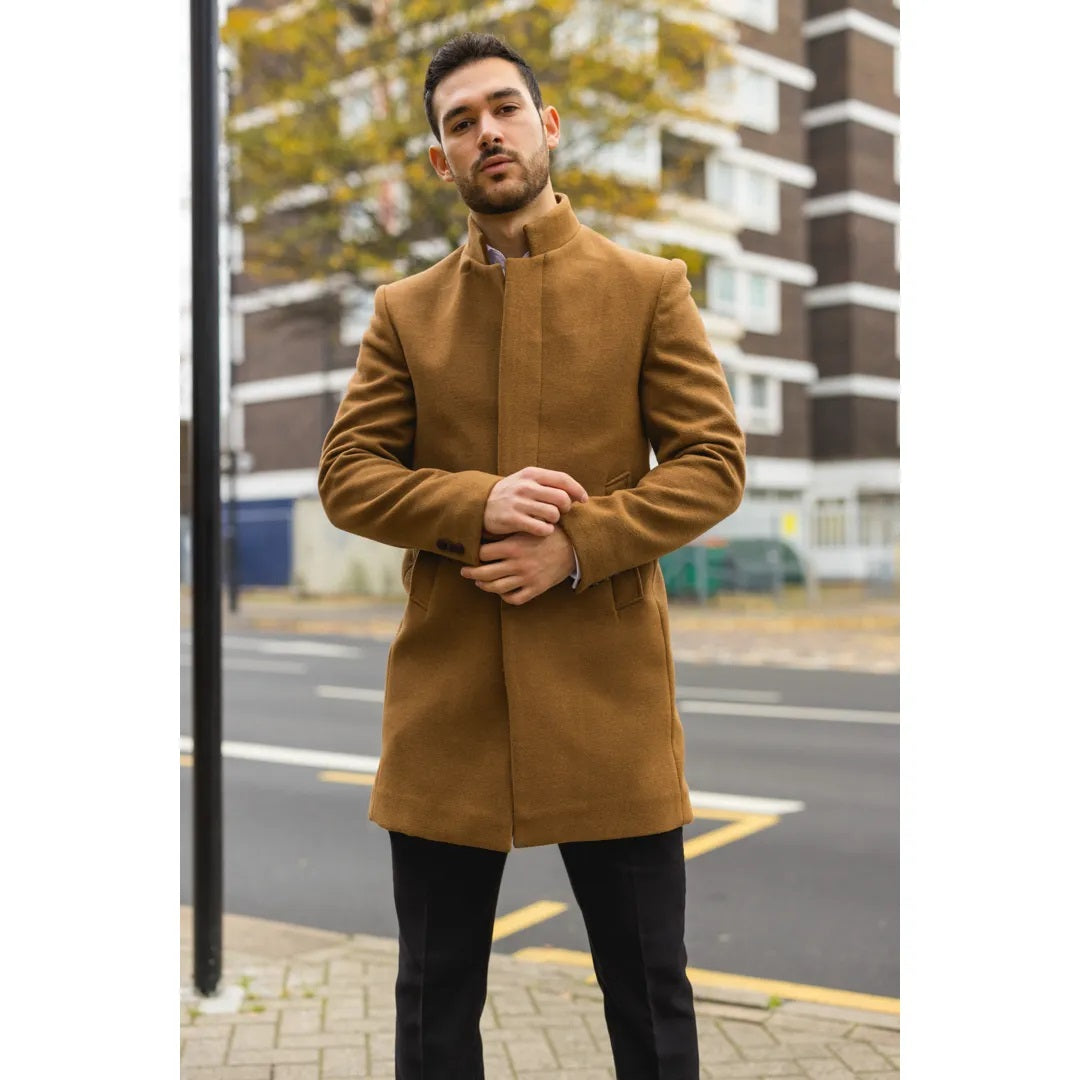 Tan Funnel Neck Wool Blend Overcoat