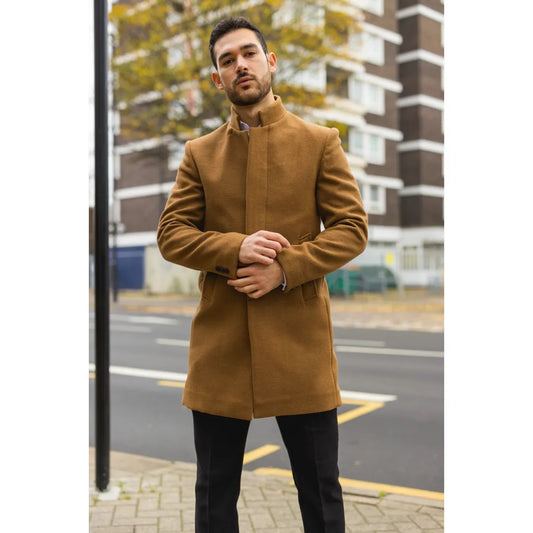 Tan Funnel Neck Wool Blend Overcoat
