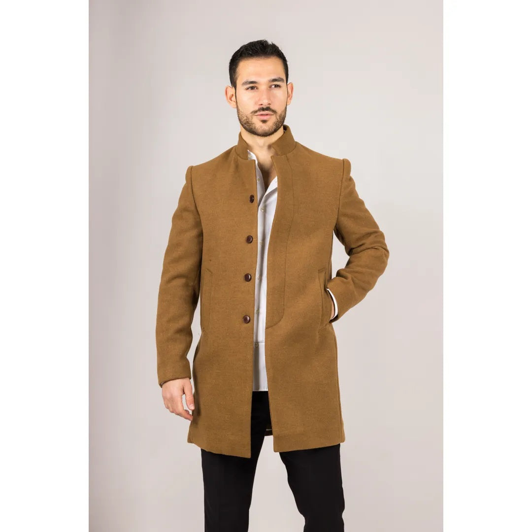 Tan Funnel Neck Wool Blend Overcoat