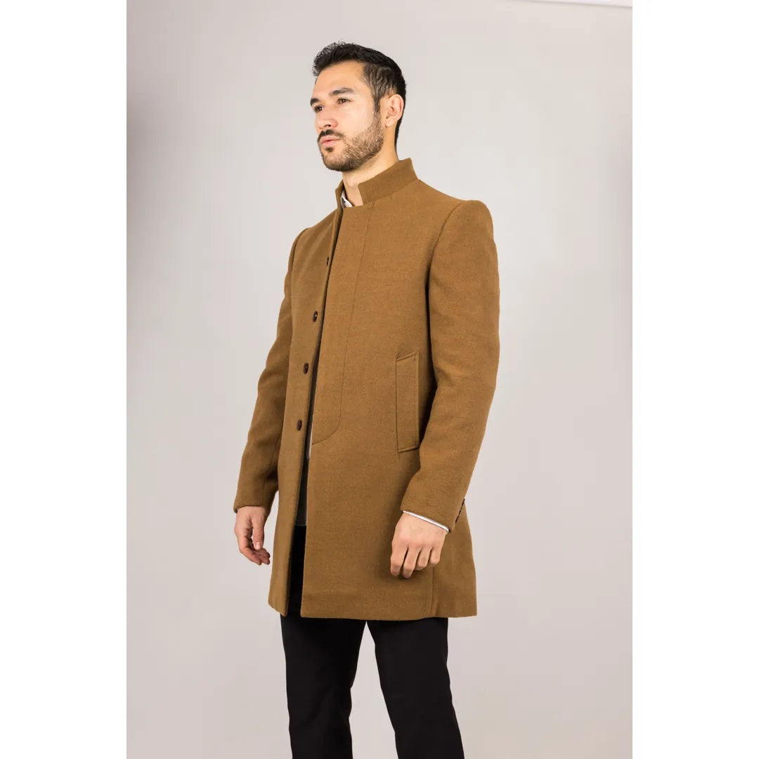 Tan Funnel Neck Wool Blend Overcoat