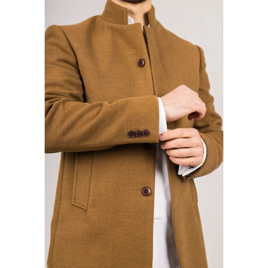 Tan Funnel Neck Wool Blend Overcoat
