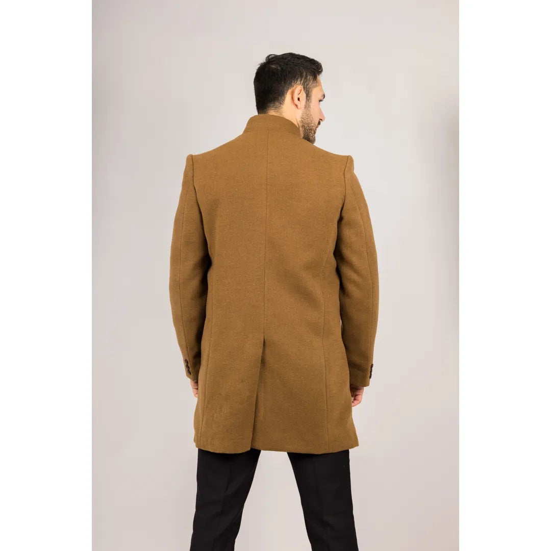 Tan Funnel Neck Wool Blend Overcoat