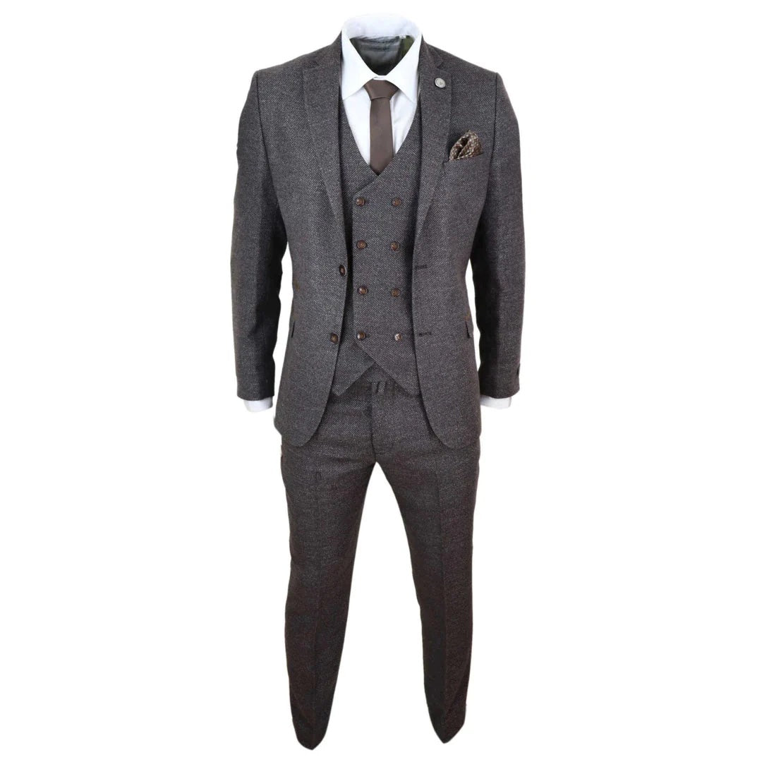 Men's Brown 3 Piece Suit With Tweed Double Breasted Waistcoat