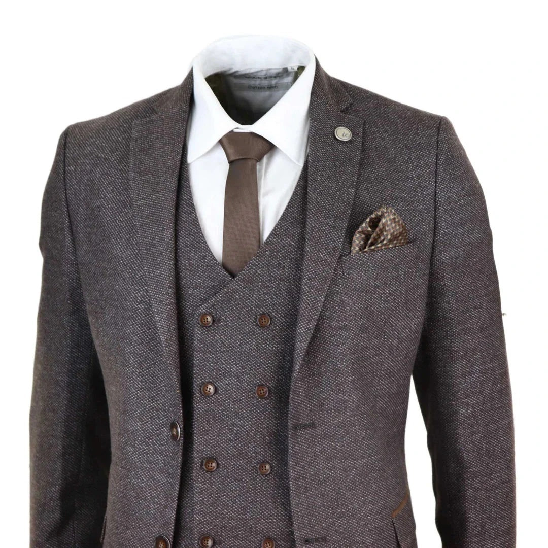 Men's Brown 3 Piece Suit With Tweed Double Breasted Waistcoat