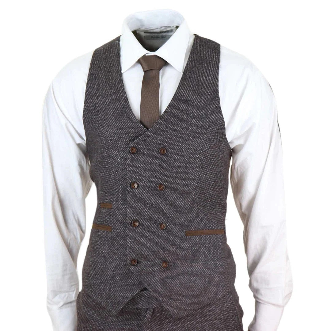 Men's Brown 3 Piece Suit With Tweed Double Breasted Waistcoat