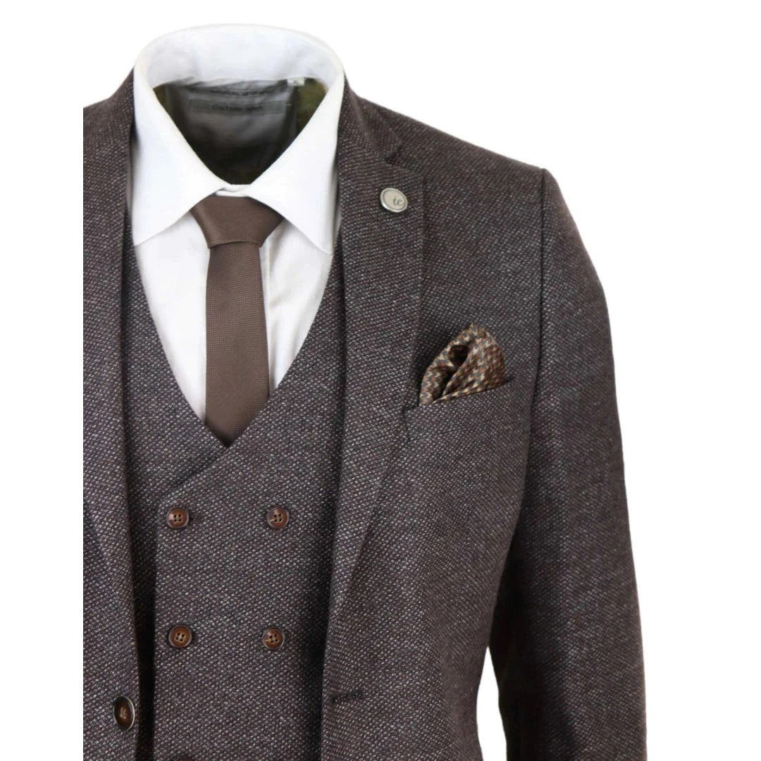 Men's Brown 3 Piece Suit With Tweed Double Breasted Waistcoat