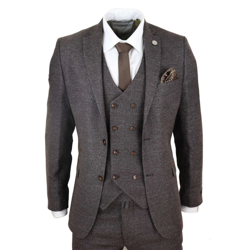 Men's Brown 3 Piece Suit With Tweed Double Breasted Waistcoat