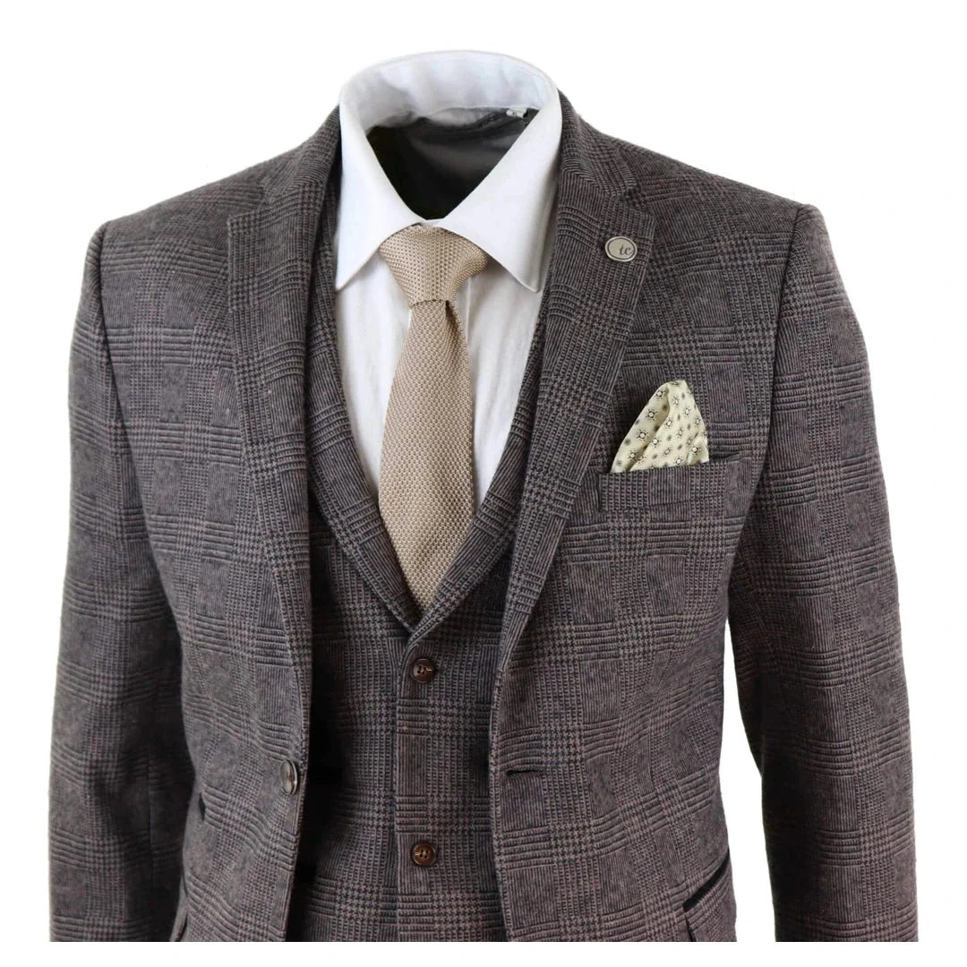 3 Piece Check Suit Tweed Brown Blinders Gatsby 1920s