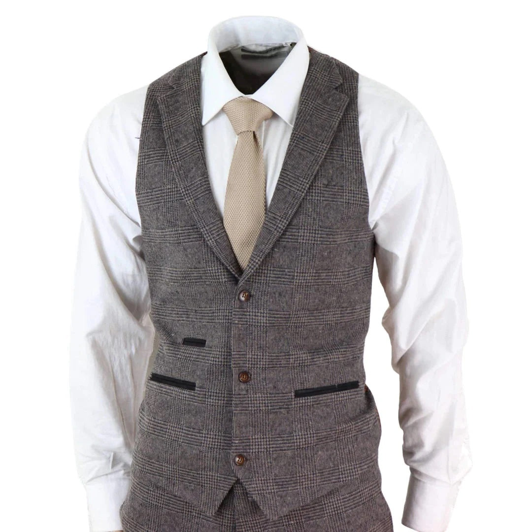 3 Piece Check Suit Tweed Brown Blinders Gatsby 1920s