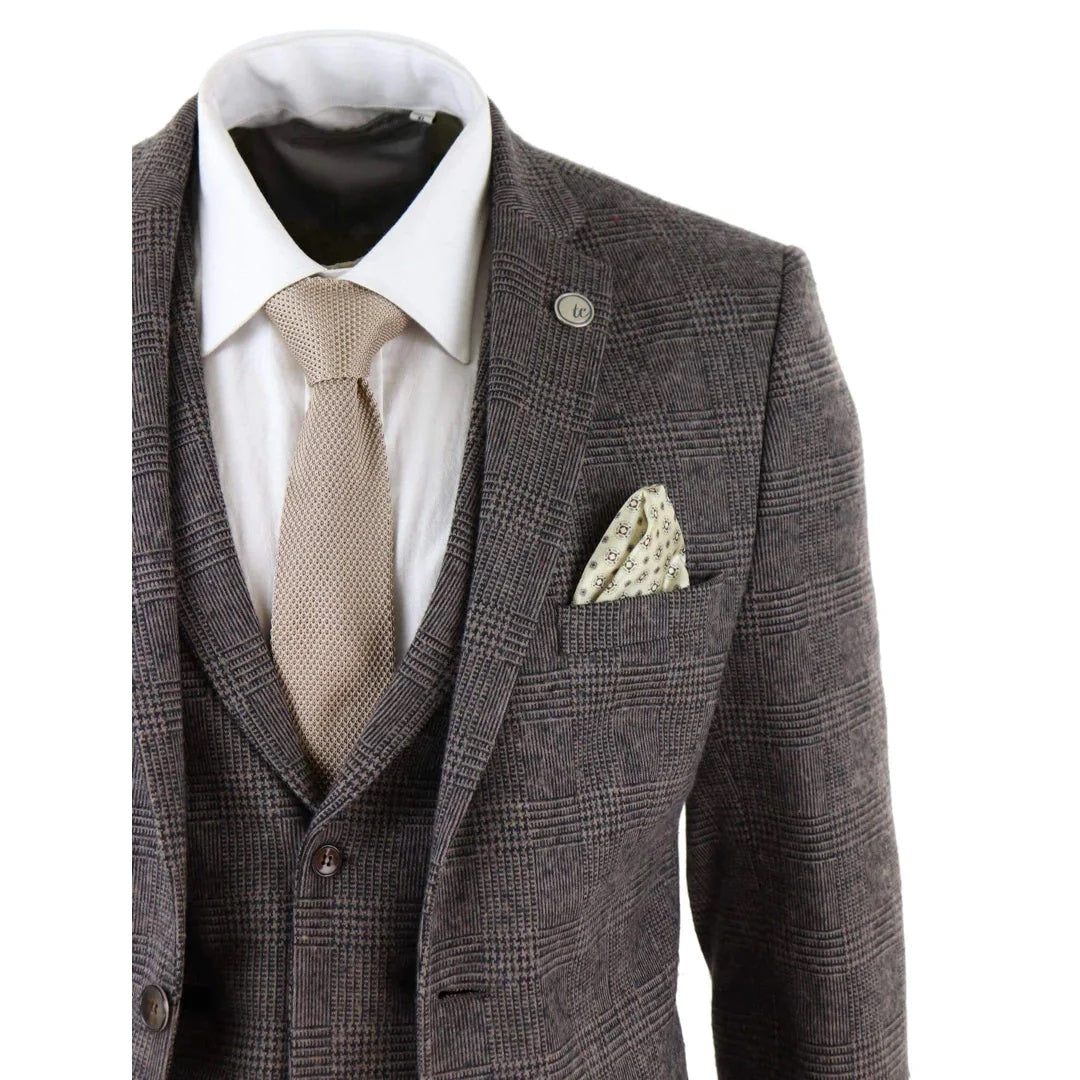 3 Piece Check Suit Tweed Brown Blinders Gatsby 1920s