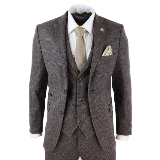 3 Piece Check Suit Tweed Brown Blinders Gatsby 1920s