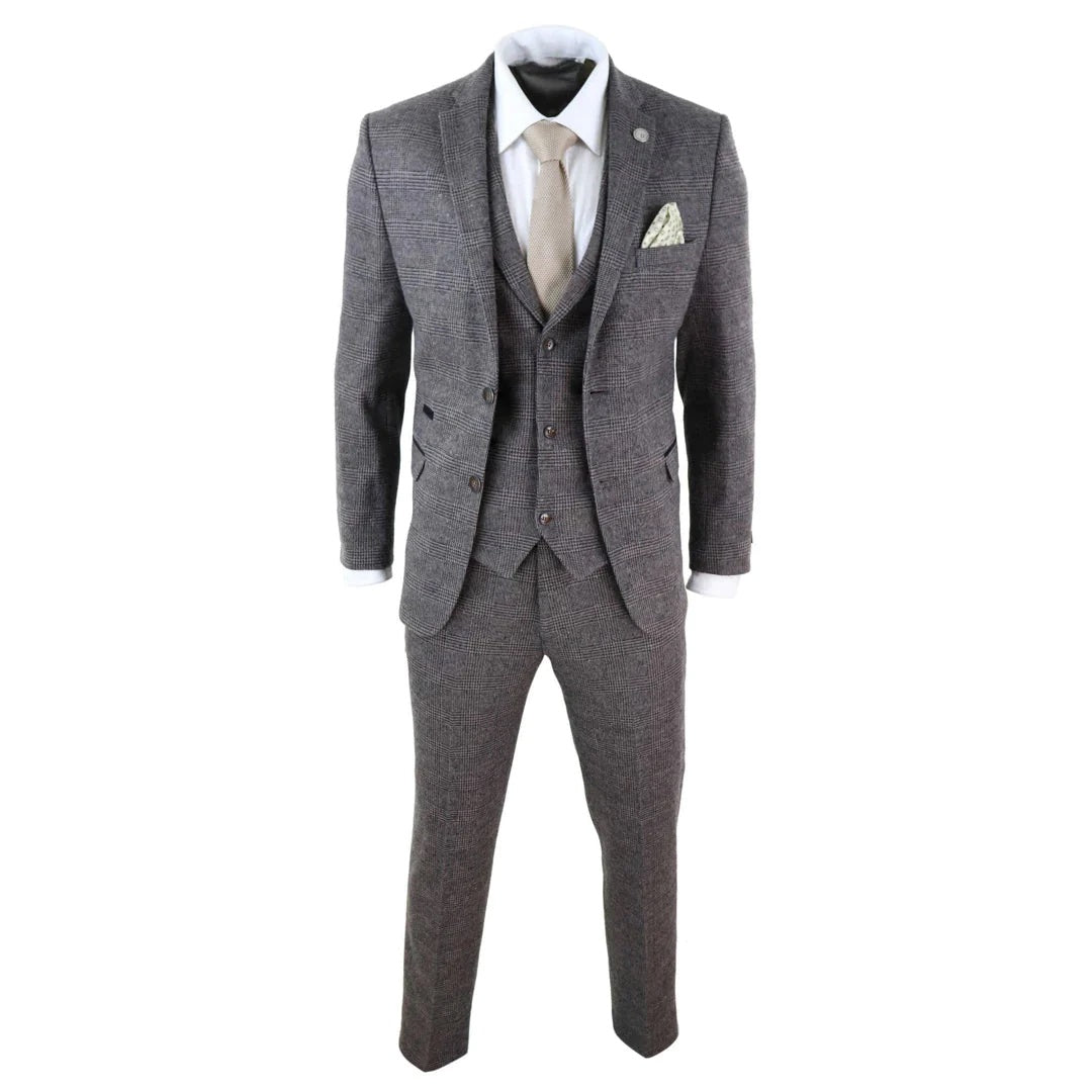 3 Piece Check Suit Tweed Brown Blinders Gatsby 1920s