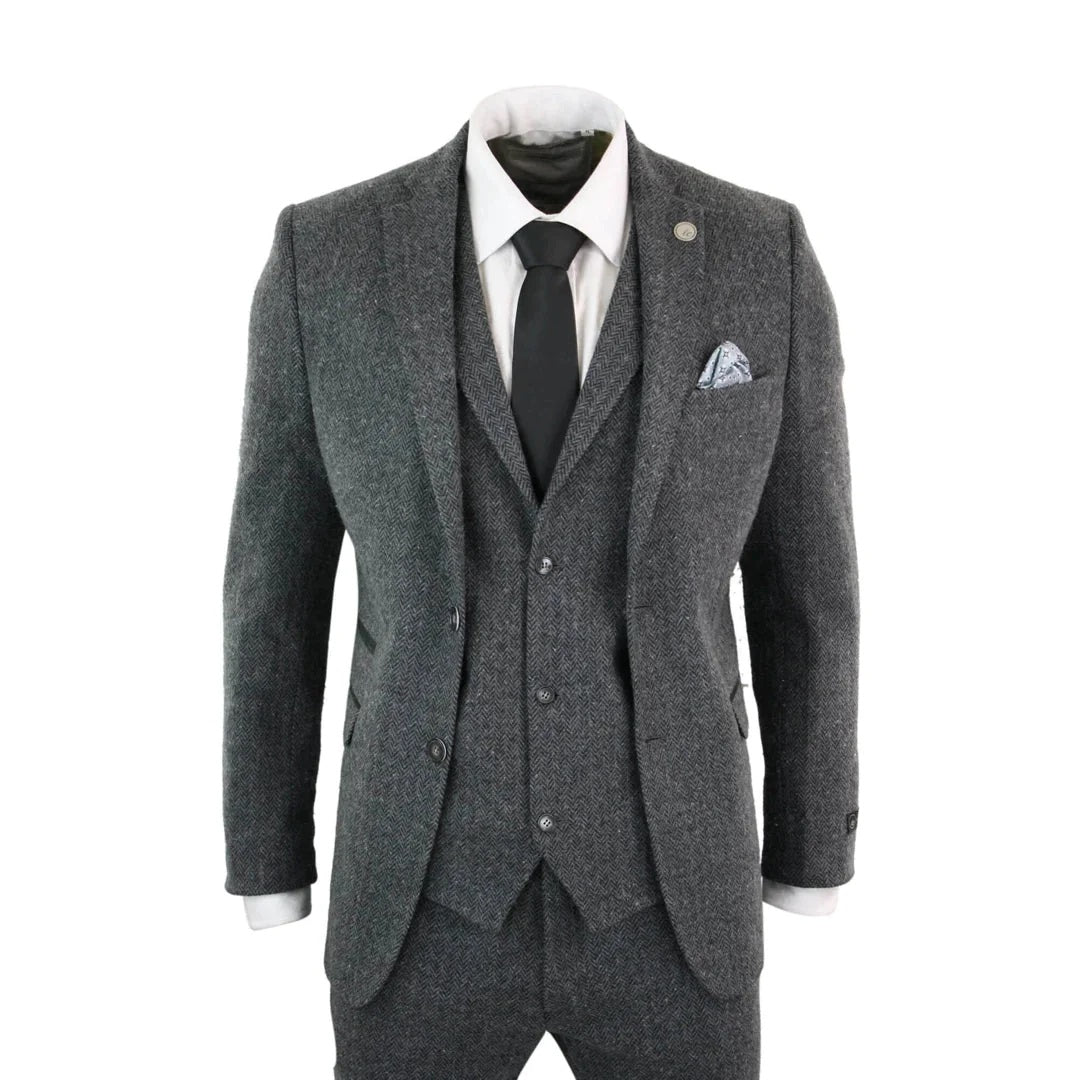 Men's Charcoal 3 Piece Tweed Suit Herringbone Suit