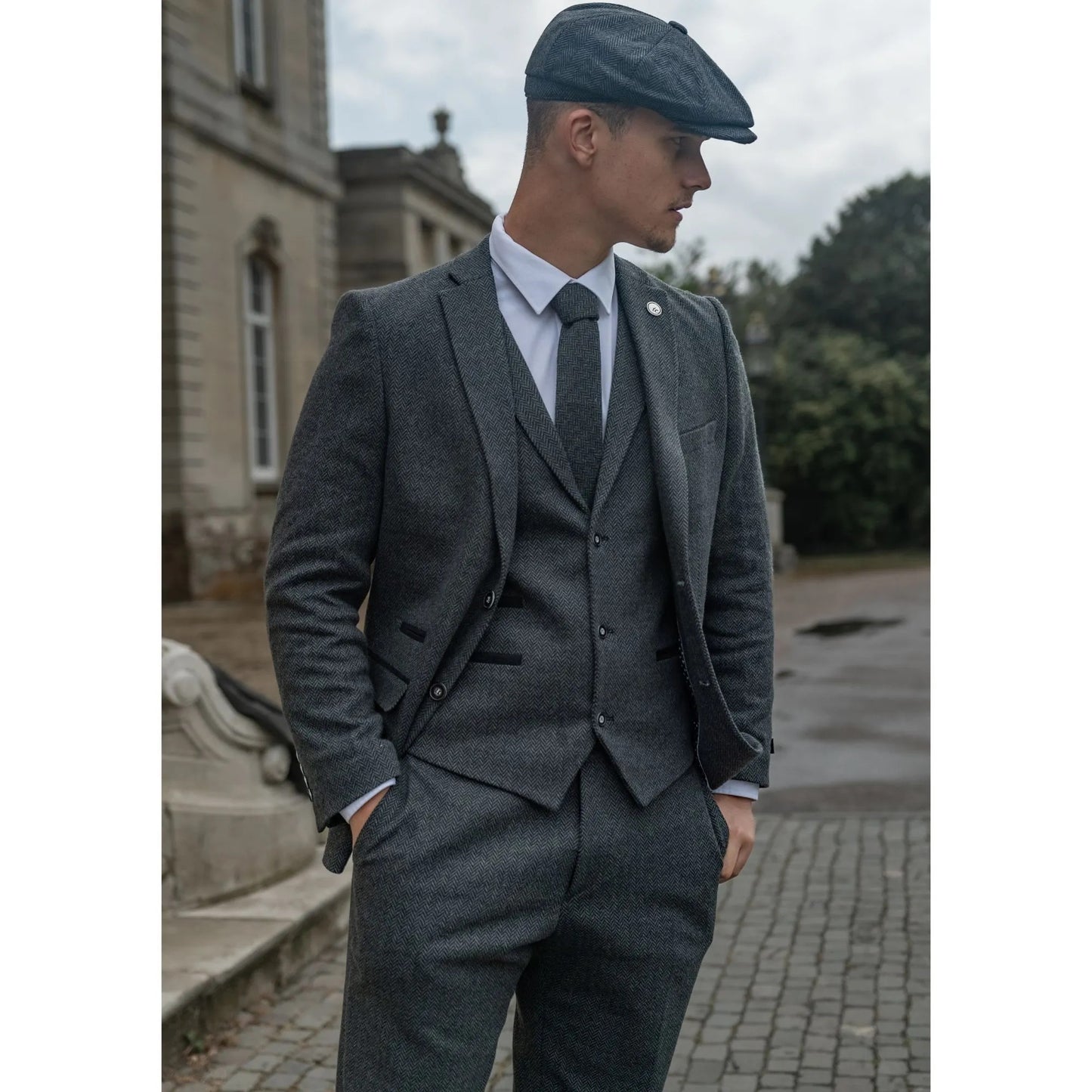 Men's Charcoal 3 Piece Tweed Suit Herringbone Suit
