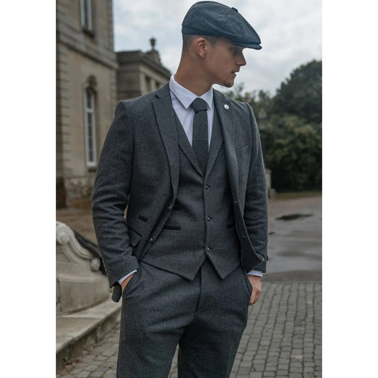 Men's Charcoal 3 Piece Tweed Suit Herringbone Suit