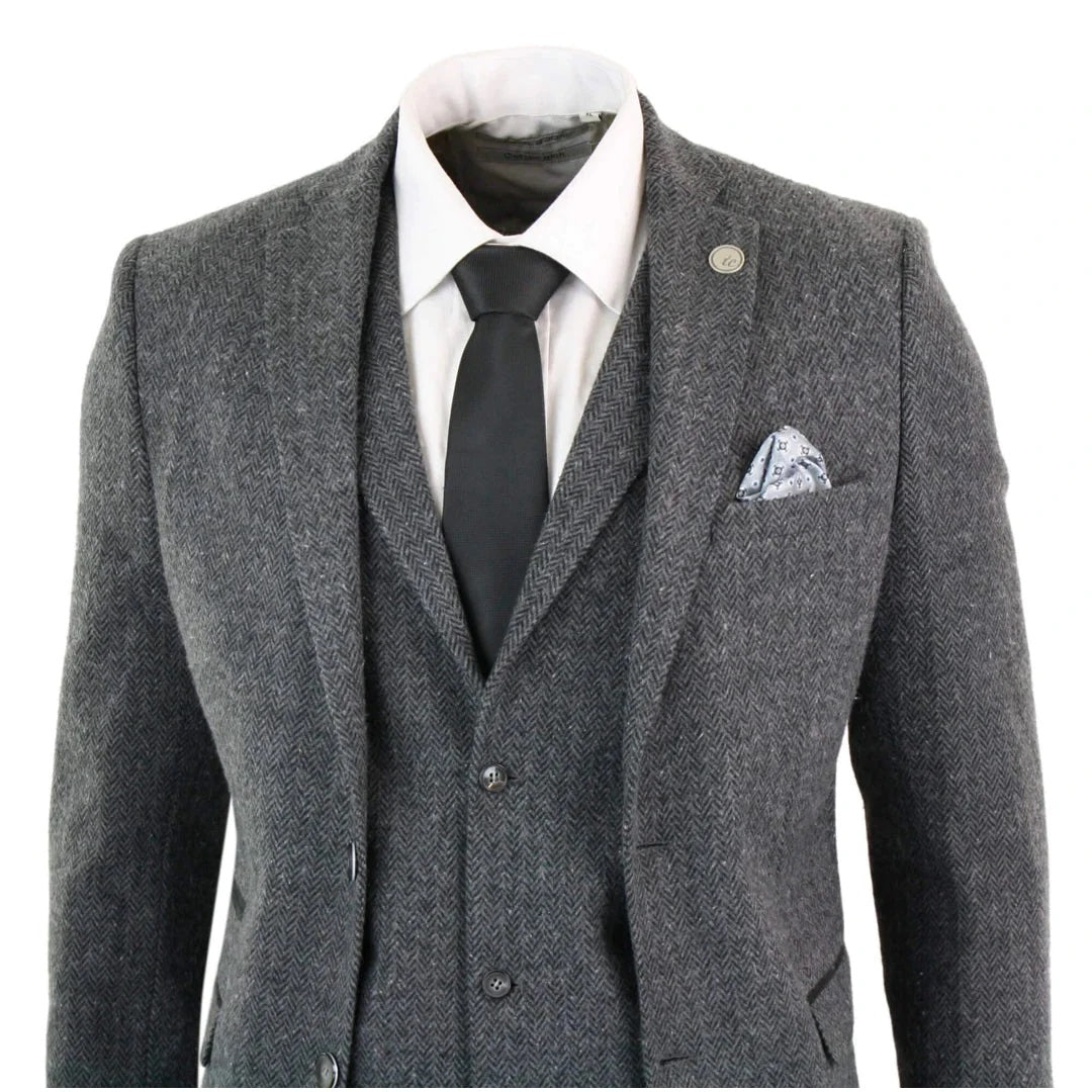 Men's Charcoal 3 Piece Tweed Suit Herringbone Suit