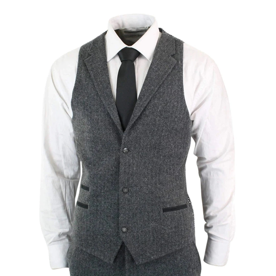 Men's Charcoal 3 Piece Tweed Suit Herringbone Suit