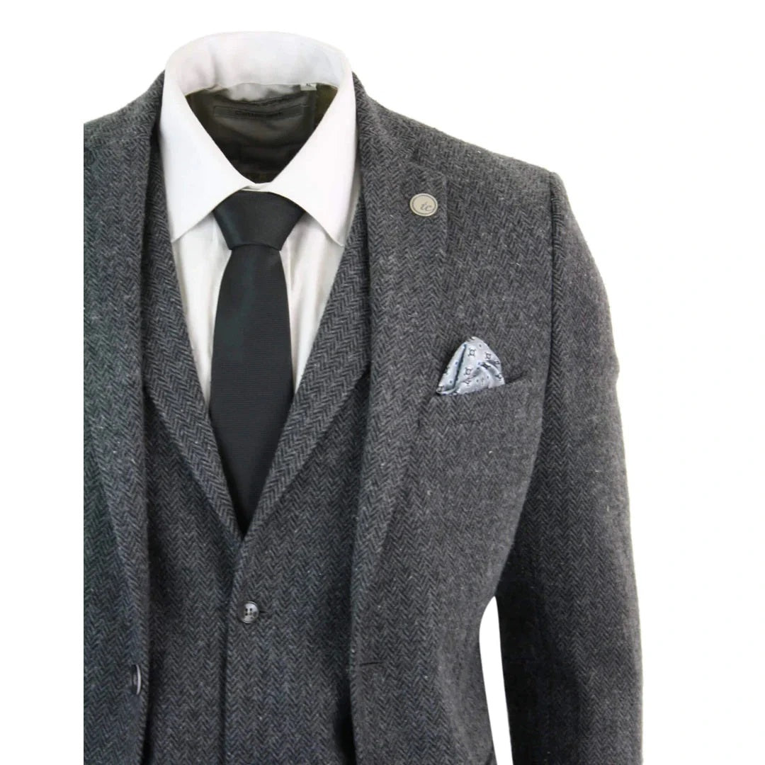 Men's Charcoal 3 Piece Tweed Suit Herringbone Suit