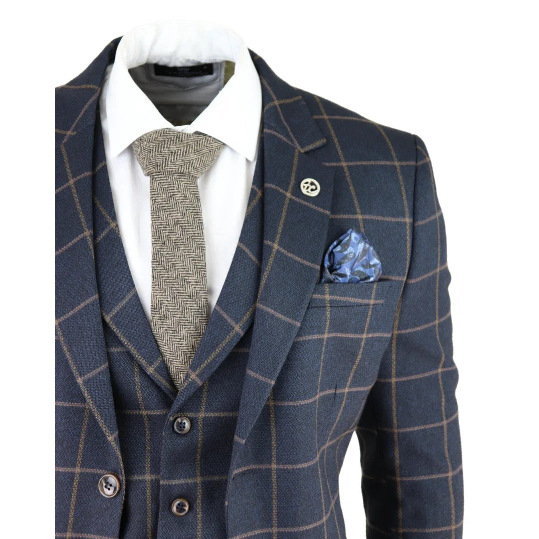 Kempson Men's 3 Piece Navy Tweed Wool Blend Suit