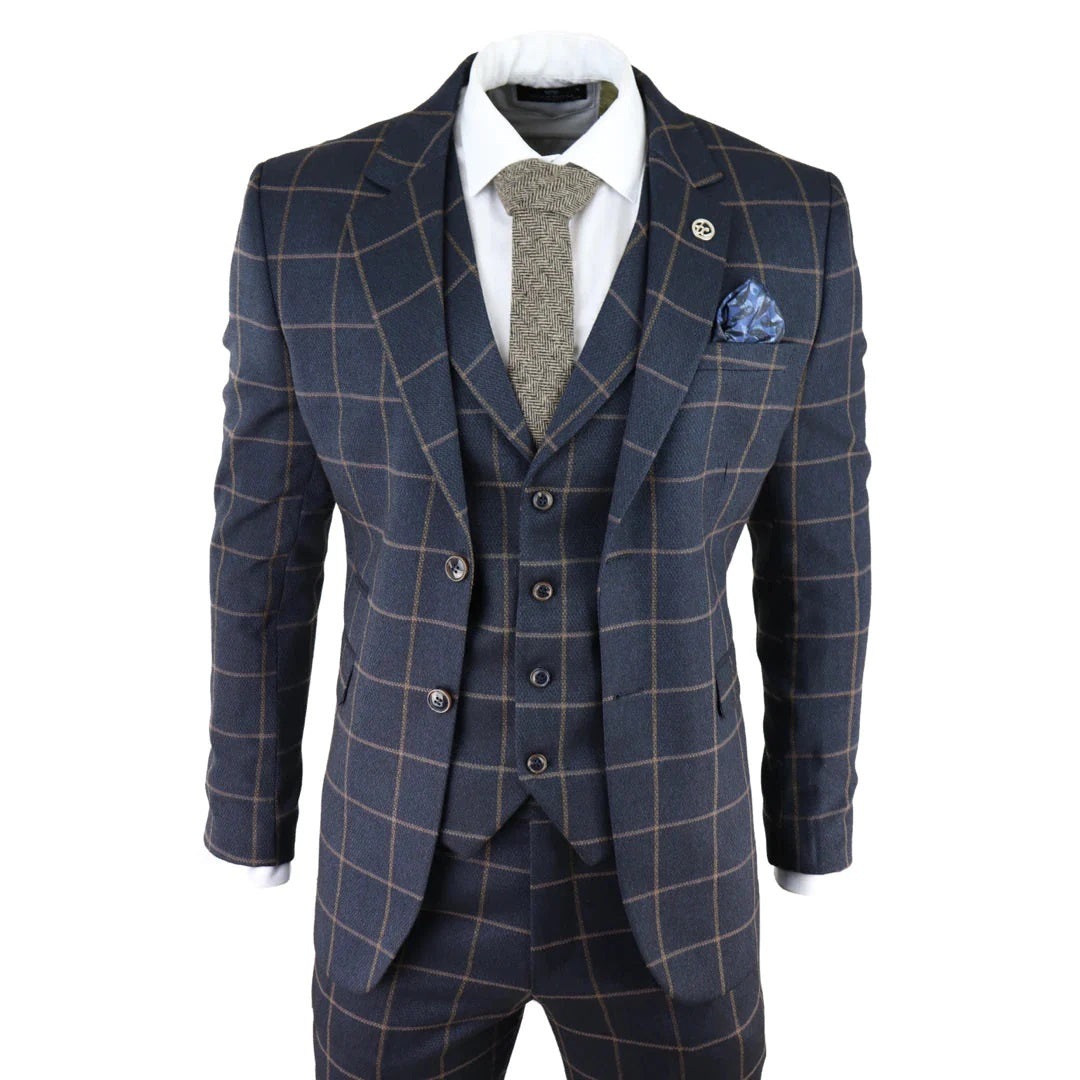 Kempson Men's 3 Piece Navy Tweed Wool Blend Suit