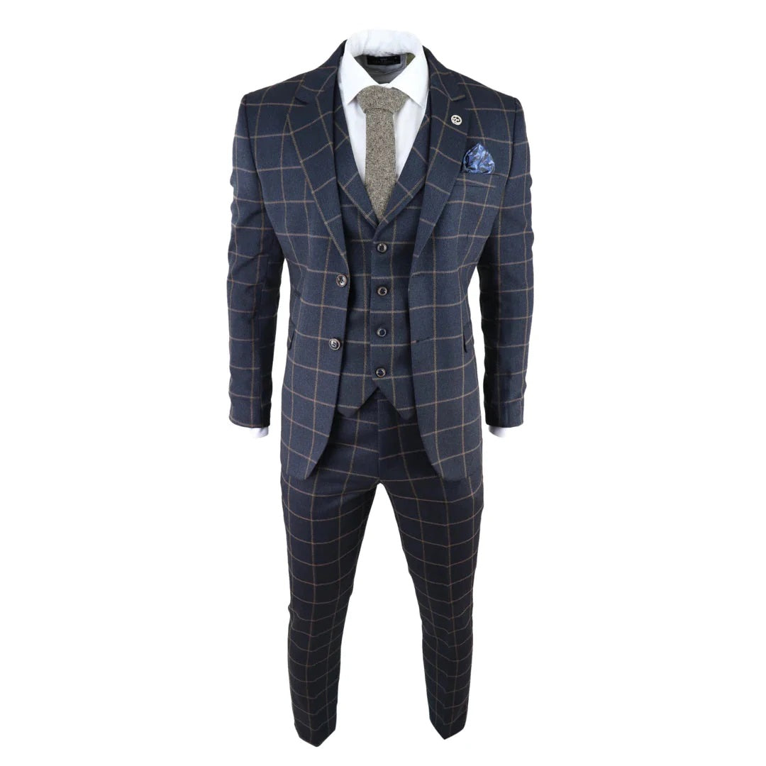 Kempson Men's 3 Piece Navy Tweed Wool Blend Suit