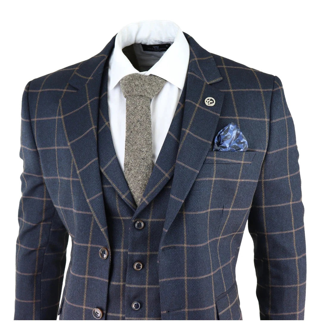 Kempson Men's 3 Piece Navy Tweed Wool Blend Suit