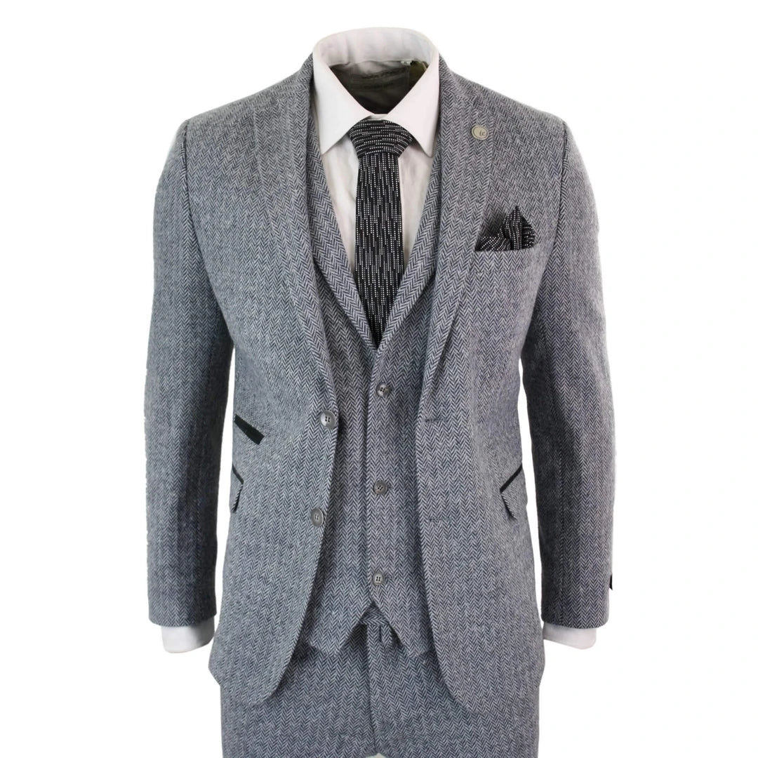Men's Grey 3 Piece Tweed Suit Herringbone Suit