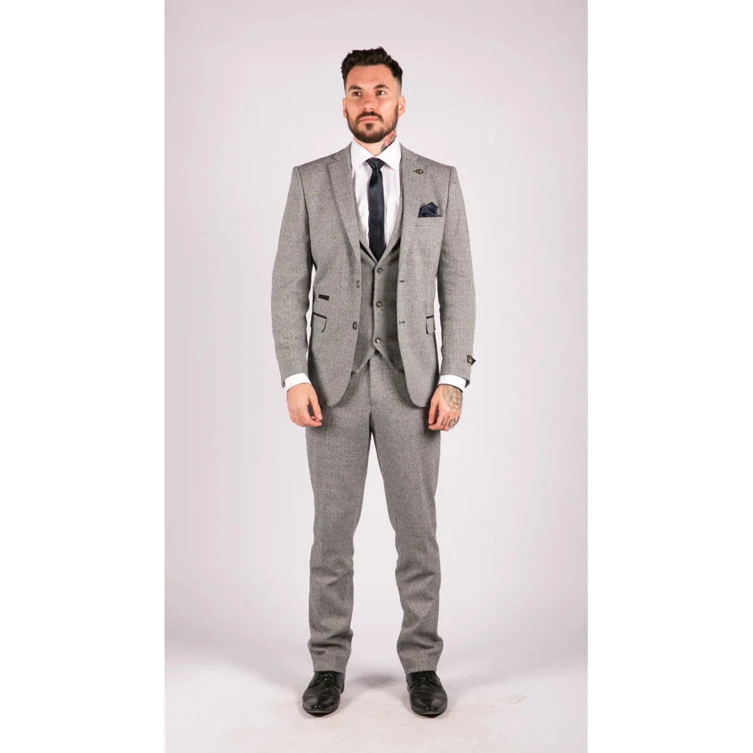 Men's Grey 3 Piece Tweed Suit Herringbone Suit