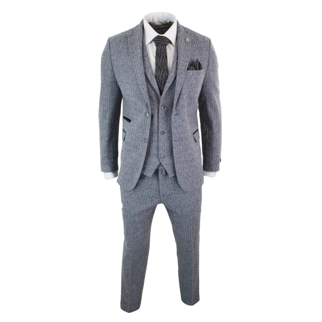 Men's Grey 3 Piece Tweed Suit Herringbone Suit