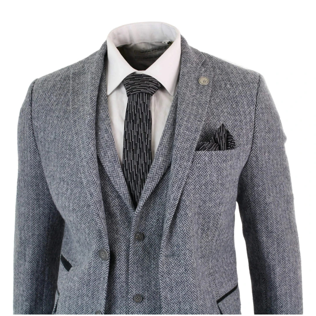 Men's Grey 3 Piece Tweed Suit Herringbone Suit