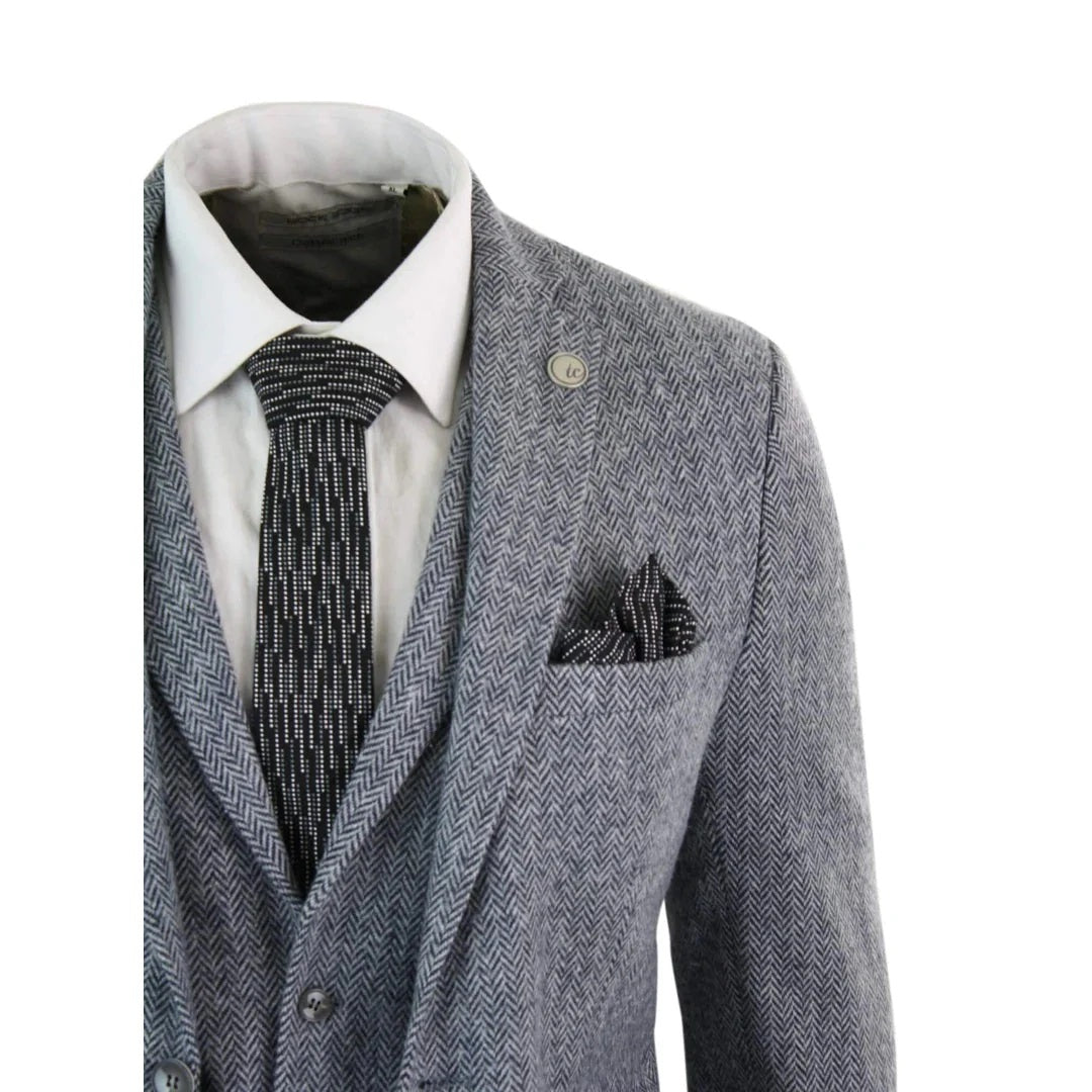 Men's Grey 3 Piece Tweed Suit Herringbone Suit