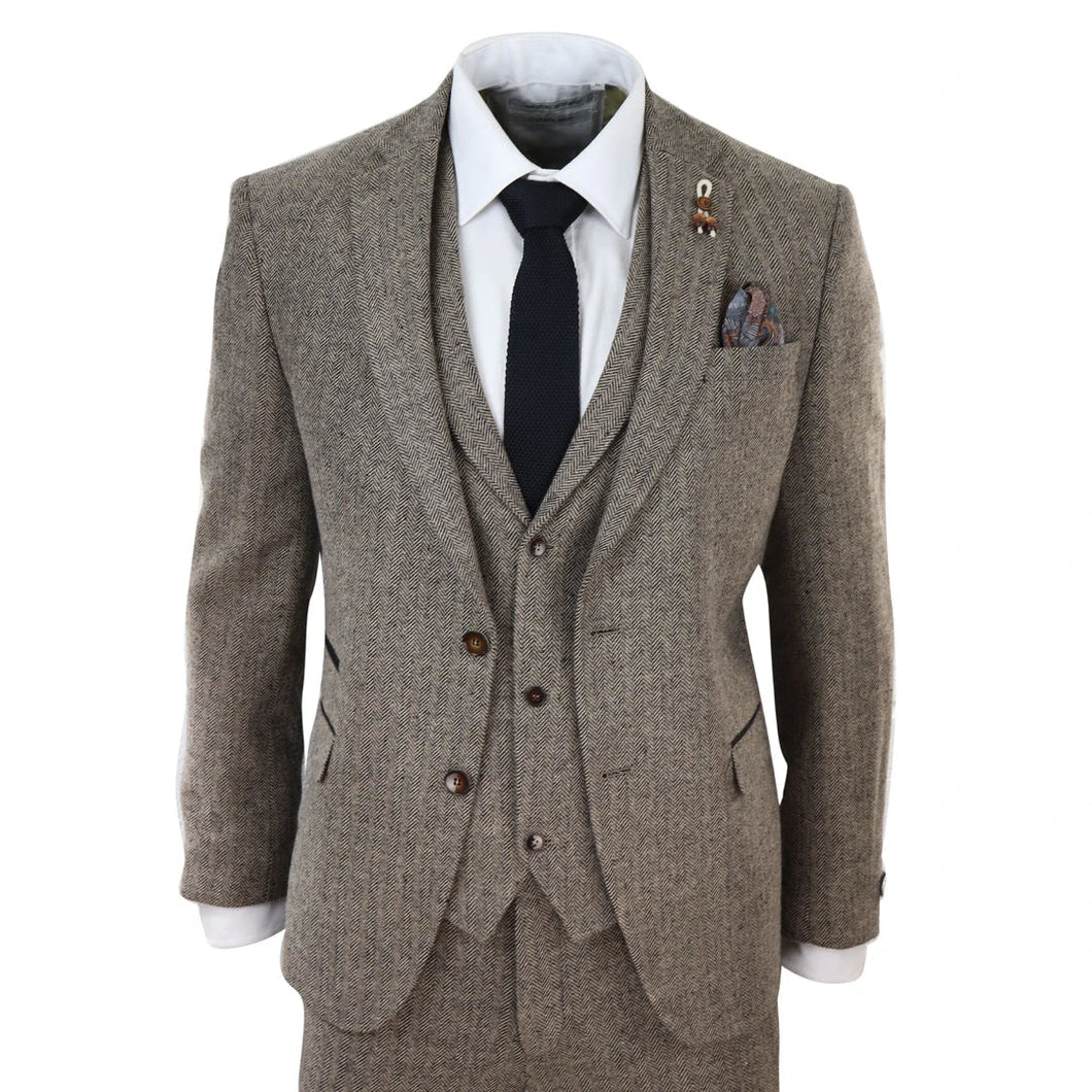 Men's Oak 3 Piece Tweed Suit Herringbone Wool Fit
