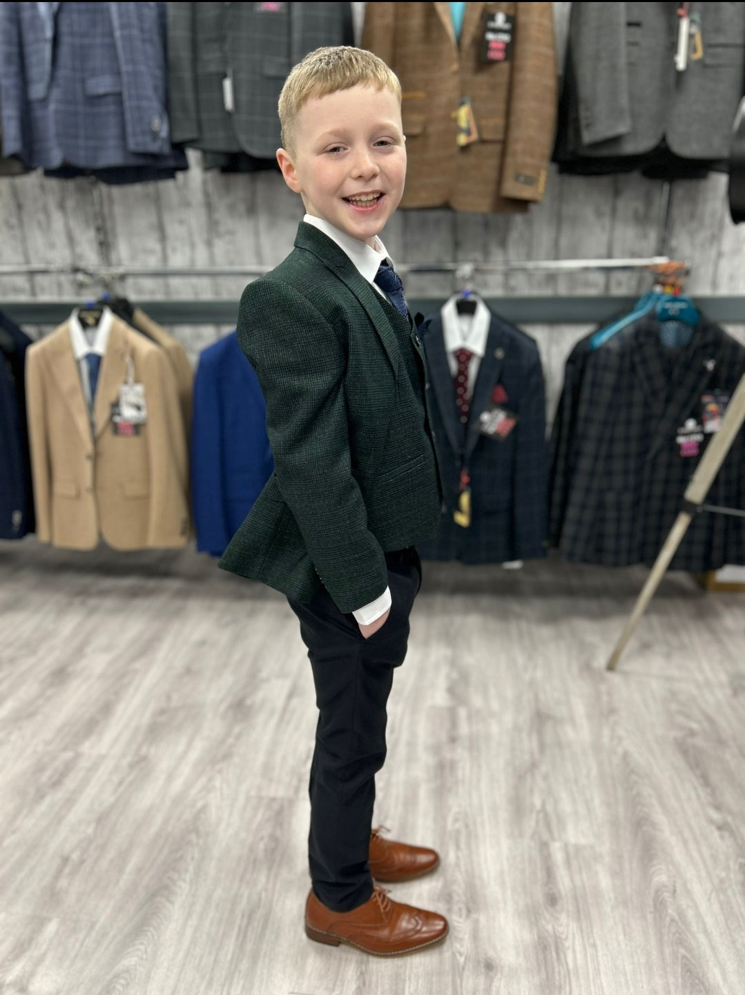 MJ's Olive Green Boy's 3 Piece Suit with navy trouser