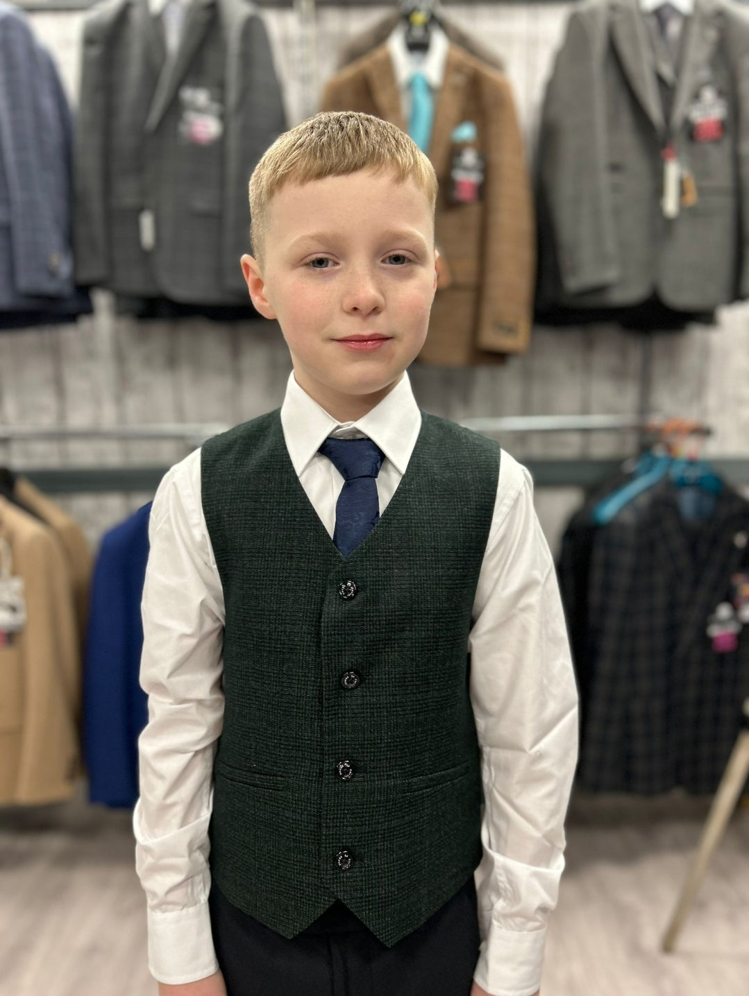 MJ's Olive Green Boy's 3 Piece Suit with navy trouser