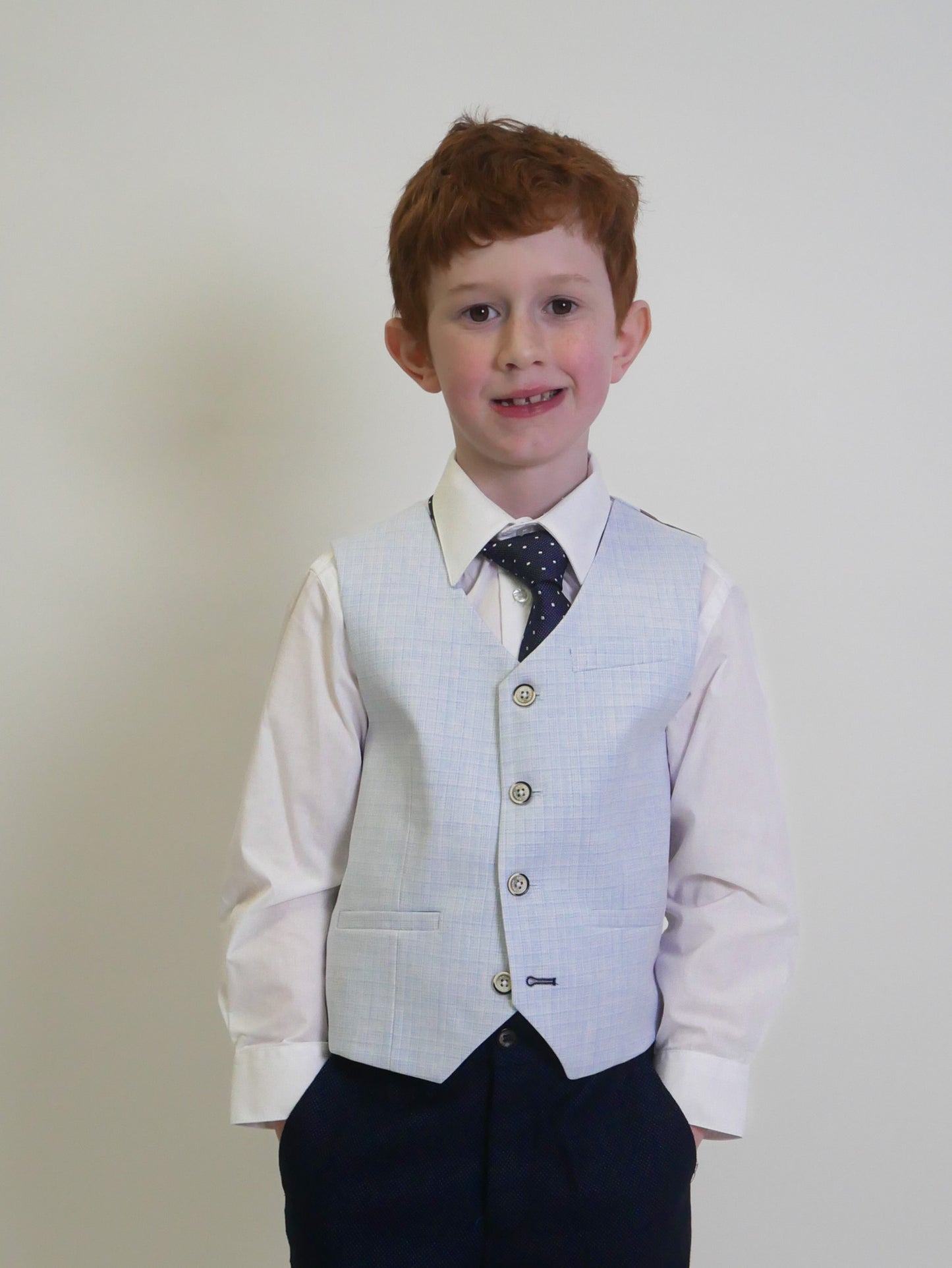 Boy's Langford's Sky Blue 3 Piece Suit with navy trousers