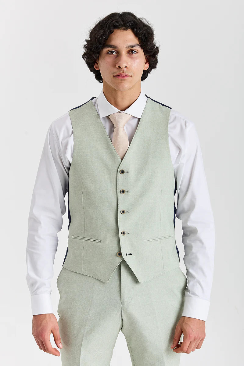 Belmont Sage with navy trousers