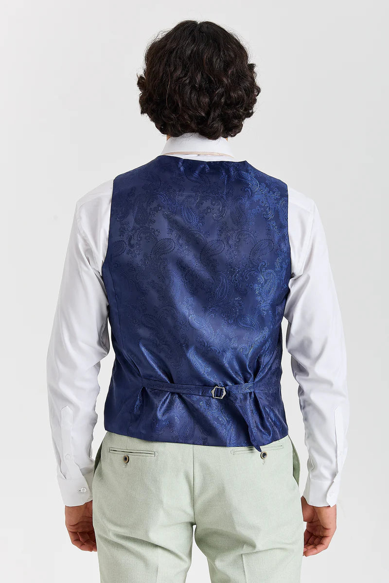 Belmont Sage with navy trousers